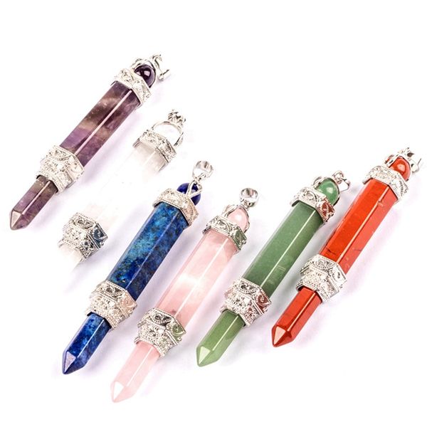 

natural stone crystal double hexagonal column connect pendant necklace ancient european magician props wand pendant reiki healing pendulum, Silver