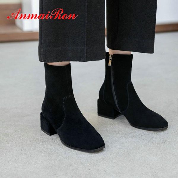 

anmairon 2021 winter boots women basic women boots round toe ankle kid suede square heel winter shoes size 34-39, Black