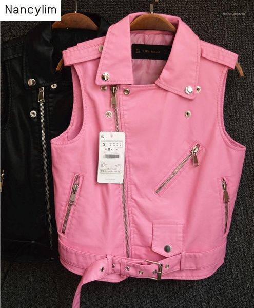 

autumn women leather waistcoat sleeveless jackets women short zipper pu leather coat girls ladies pink coats1, Black