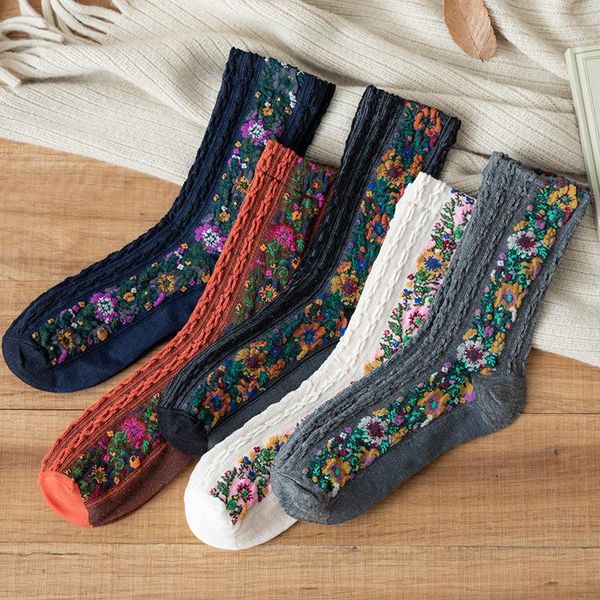 

socks & hosiery cotton stockings floral pattern classical women autumn comfortable breathable mid-calf length, Black;white