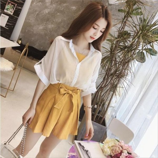 

2019 loose new casual suit women brief high waist vintage 3 pcs set bow single breasted turn down collar three piece set, Gray