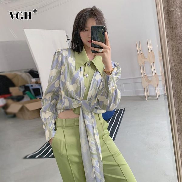 

vgh patchwork shirt for women lapel collar long sleeve bandage high waist print hit color vintage blouse female 2020 summer new1, White
