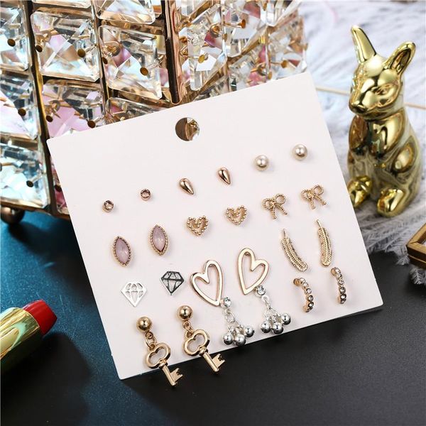 

12pairs/set classic women's gold mix key heart bow feather earrings sets for women girl gifts crystal stud earring sets jewelry1, Golden;silver