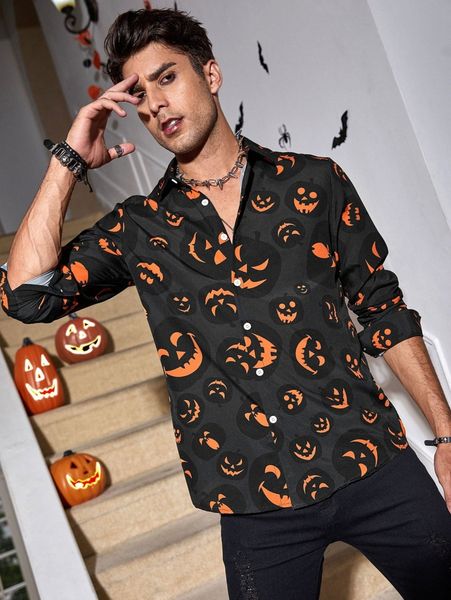 

men halloween print collared button up shirt m5fz#, White;black