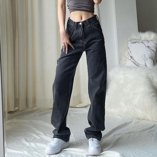 

cheeky straight jeans for women high waist loose non stretch denim with slim relaxed fit vintage inspired feel pants, Blue