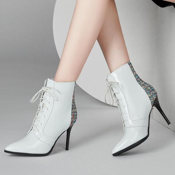 

2021 large sizes 46 shoelaces genuine leather thin high heels party shoes women office lady cow skin ankle boots female, Black