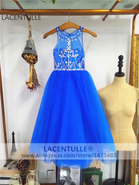 

sleeveless sheer neck royal blue flower girl dress with beads crystaled girl pageant dress, Red;yellow