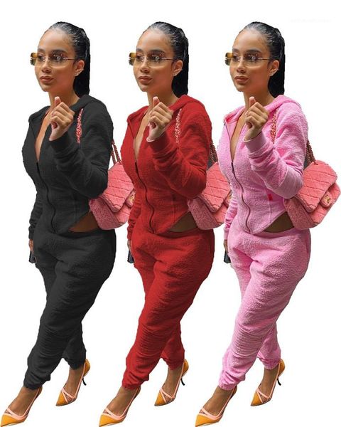 

womens zipper hooded hoodies and pencil pants autumn fashion casual women 2 piece outfit solid color plush two piece pants, White