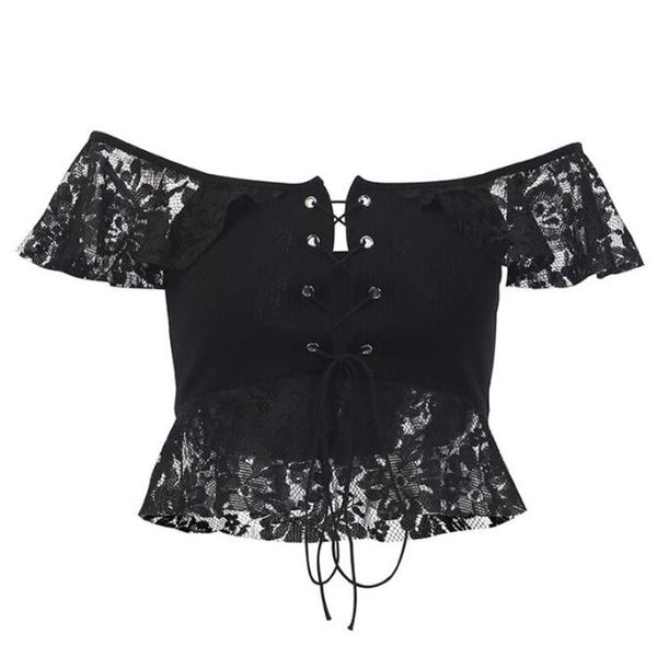 

women cropped blouse black short sleeve vintage gothic lace shirts crop criss-cross bandage tie up woman blouse femme, White
