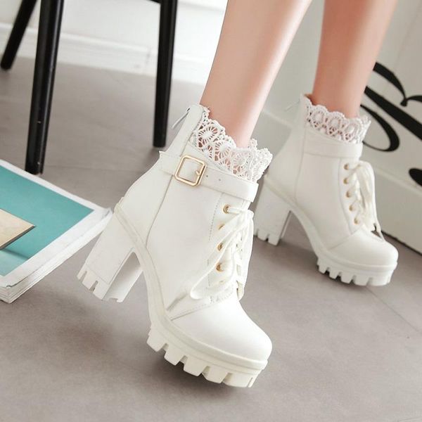 

winter autumn comfortable platform high heel ankle boots fashion round toe buckle shoes for women lace womens boots, Black