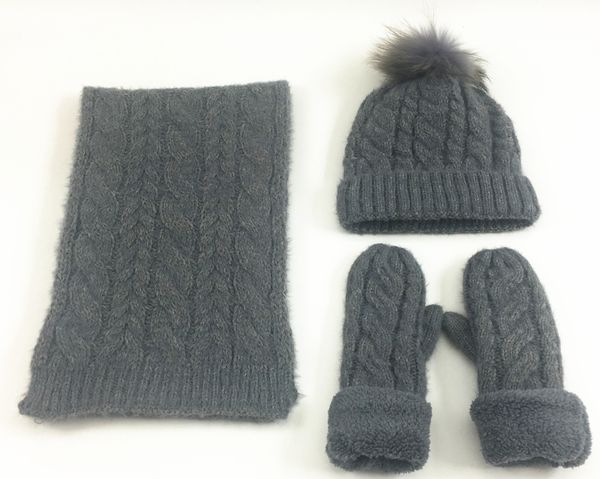 

new european and american winter knitted wool three-piece set pure color warm keeping fleece wool hat scarf gloves set, Blue;gray