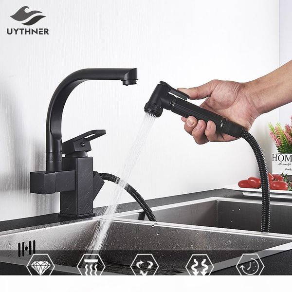 

uythner black kitchen faucets dual spout pull out kitchen tap with spray kitchen water taps cold water mixer deck mounted t200424