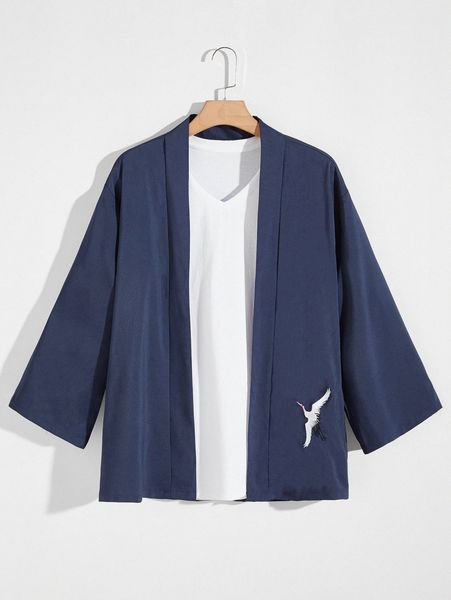 

men crane embroidery drop shoulder kimono f66j#, White;black