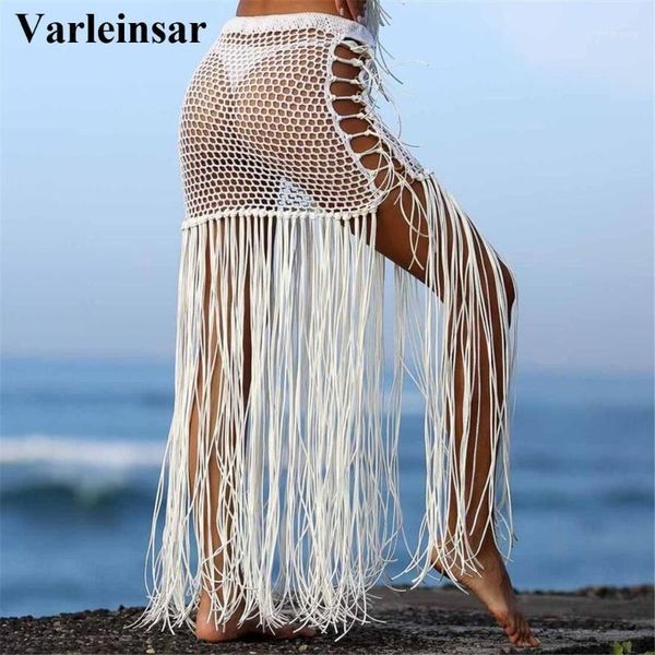 

2020 knitted tassel bikini bottom beach cover ups beach dress wear women tie up hallow out bather bathing suit v23661, White;black