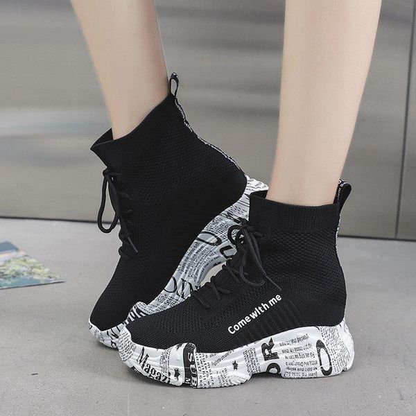 

fashion letter graffiti high platform ankle boots for women hidden heels knitted casual shoes woman slip on botas mujer, Black