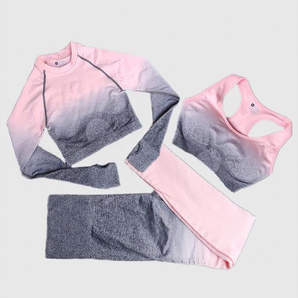 

women seamless yoga set gym ombre gradient high waist leggings+long sleeve + bra workout sport suit women fitness set wmtfge xhlove