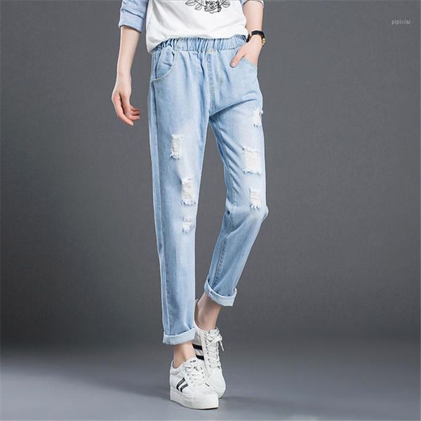

women jeans 2020 high elastic waist ankle-length pants classic blue ripped ladies jeans female pant autumn casual1
