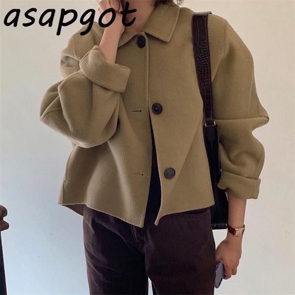 

asapgot wool & blends korean chic vintage lapel three buttons loose solid wild khaki long-sleeved woolen coat women short jacket 201214, Black