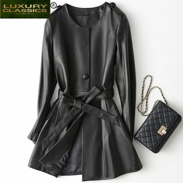 

fashion jacket genuine leather real sheepskin coat female winter leather jacket women jackets + belt korean clothes 180071, Black