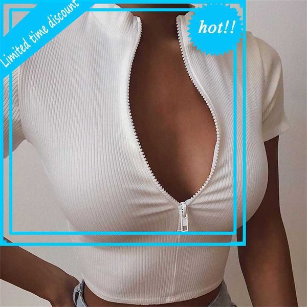 

2021 fashion slim fit zipper t-shirts stretch women used female bustier corset high neck skinny croped tea short mouw, White