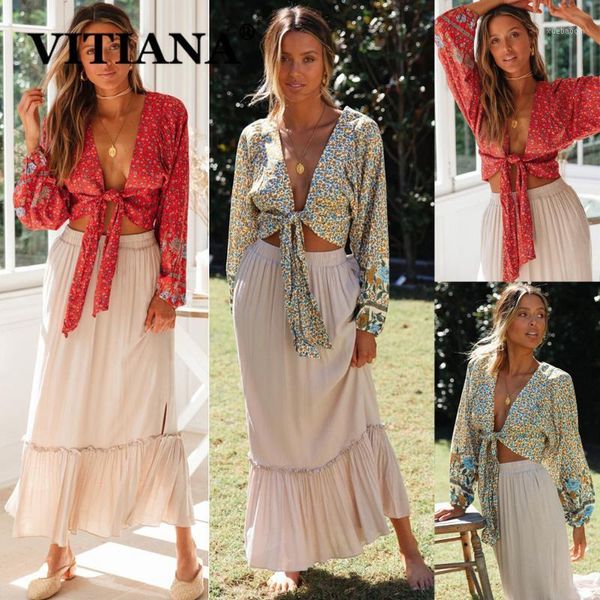 

vitiana women party crop for women summer 2020 female long sleeve print lace up beach bluse femme casual shirts1, White