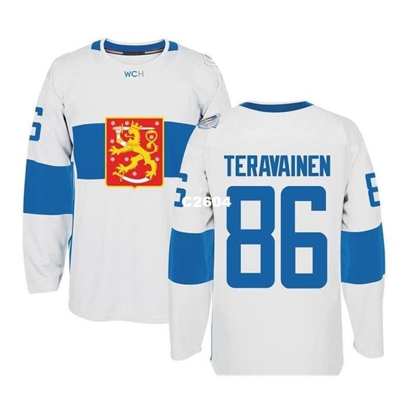 Vero uomo reale ricamo completo # 86 Teravainen 2016 Coppa del Mondo di Hockey Finlandia Team Jersey hockey o personalizzato qualsiasi nome o numero di hockey jersey