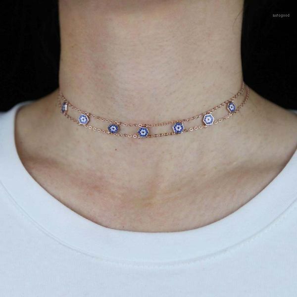 

chokers rose gold turkish evil eye women jewelry micro pave cz charm double chain choker necklace fashion1, Golden;silver