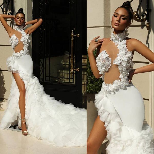 

summer boho mermaid wedding dresses high neck floral appliques tiered ruffles bridal gowns bohemian side split wedding dress robes de mariÃ©e, White