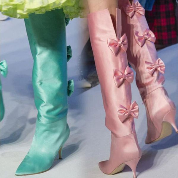 

new women designer runway knee-high boots bling bow pointed toe fashion boots woman high heels shoes slip-on zapatos de mujer, Black