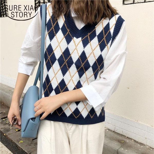 

women's sweaters 2021 spring autumn casual loose sweater vest women pullover sweet sleeveless plaid knitted vests female 11832, White;black