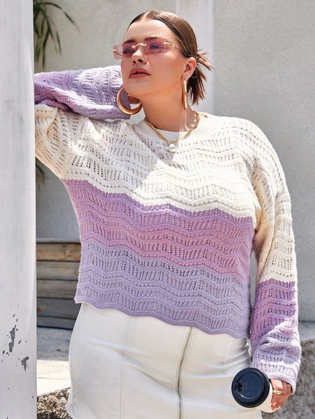

plus colorblock open knit sweater c7v5#, Black