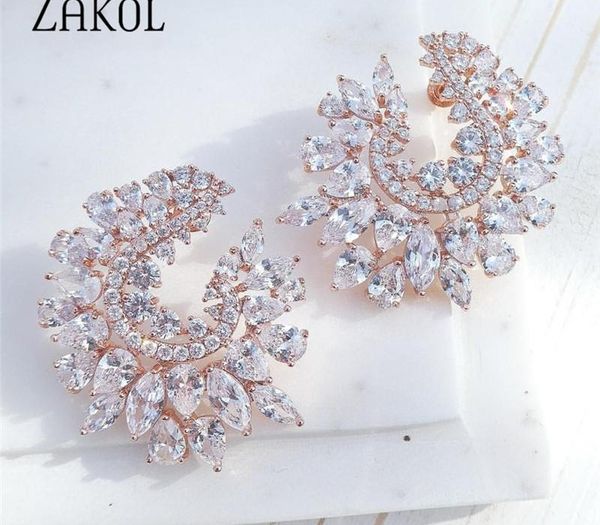 

zakol дизайн мода кубический циркон серьги искрение кристалл люкс свадебные украшения для elegant women11, Golden;silver