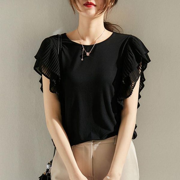

2021 organ pleated ruffle blouse women summer korean shirt black female slim stylish blouses o neck double-sleeved ladies, White
