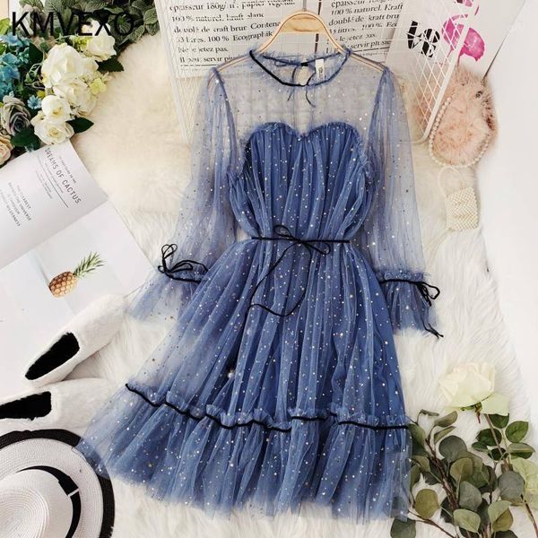 

kmvexo spring new women star sequins gauze flare sleeve lace-up fairy princess dress female elegant o-neck mesh puff dresses1, Black;gray