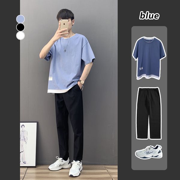 

2-piece summer fashion brand fake two piece short t-shirt men's ins trendy and versatile round neck half sleeve dress
