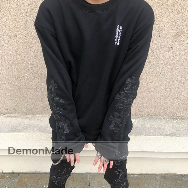 

ch crosin hoodie with sanskrit chest, cross on arms, and loose leather, Black;brown