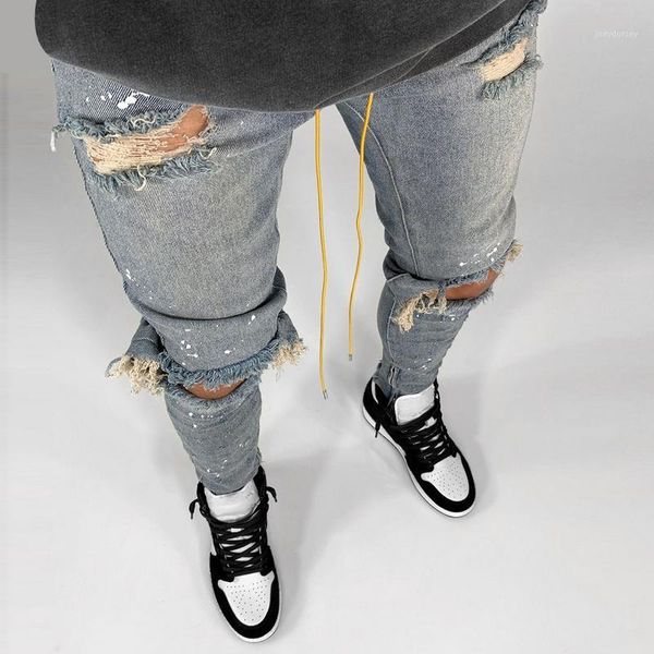 

men summer destroyed ripped jeans hip-hop high street broken hole skinny biker slim jeans vintage stretchy pants homme1, Blue