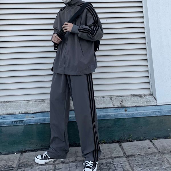 

chicken mother ins trend korean loose zipper coat pants casual sports suit men and women, Gray