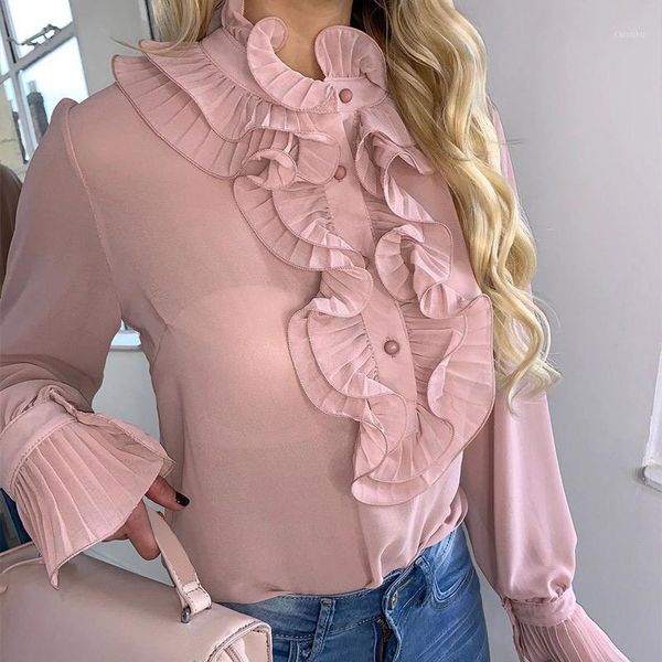 

vintage ruffle flare sleeve women's blouses solid transparent buttons female 2020 spring summer fashion thin ladies blouse1, White