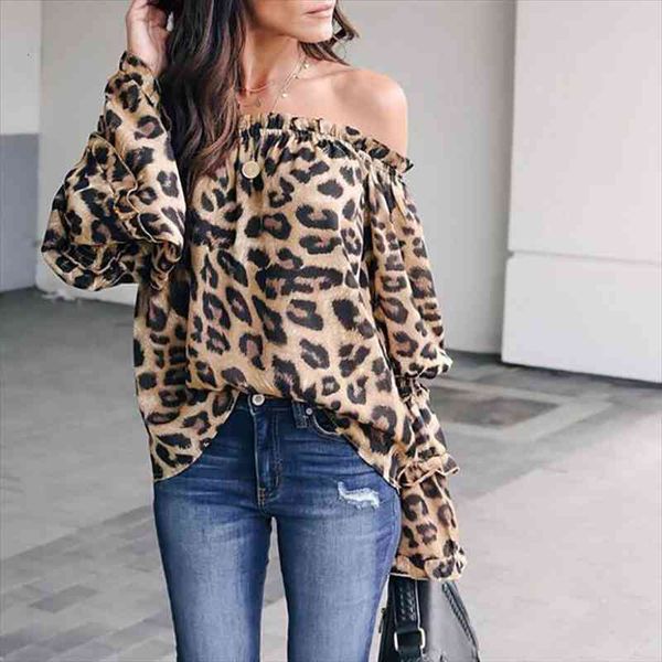 

fashion women casual blouse shirt leopard print flare long sleeve off shoulder ladies costume spring clothes, White