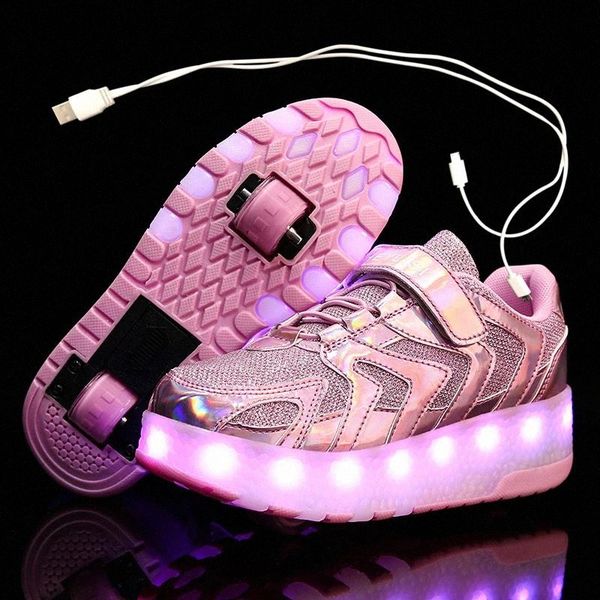

children one two wheels luminous glowing sneakers gold pink led light roller skate shoes kids led shoes boys girls usb charging #ev96