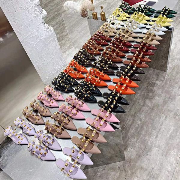 

women's low heel studded sandals stiletto heeled cut out pumps leather sandal pointed toe mules ankle strap dress slip on slippers flat, Black