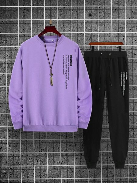 

men slogan graphic sweatshirt & drawstring waist sweatpants a2ra#, Gray