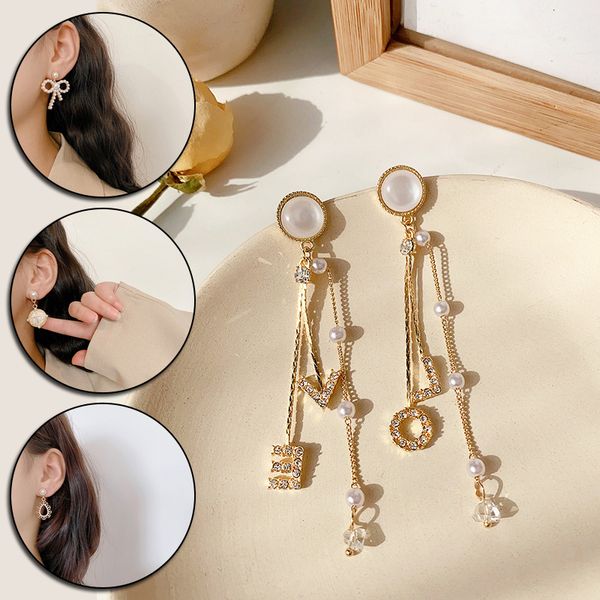 

elegant new arrival metal trendy geometric women dangle pearl earrings fashion korean long tassel female jewelry