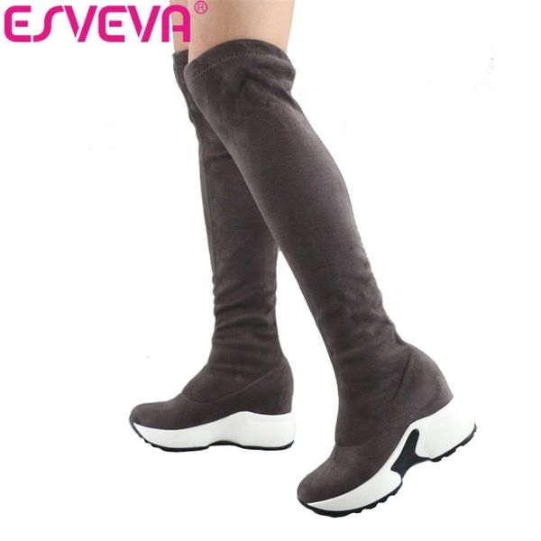 

esveva over the knee boots winter women boots wedge high heel slip on elastic flock motorcycle boots platform size 34-43 y200114, Black