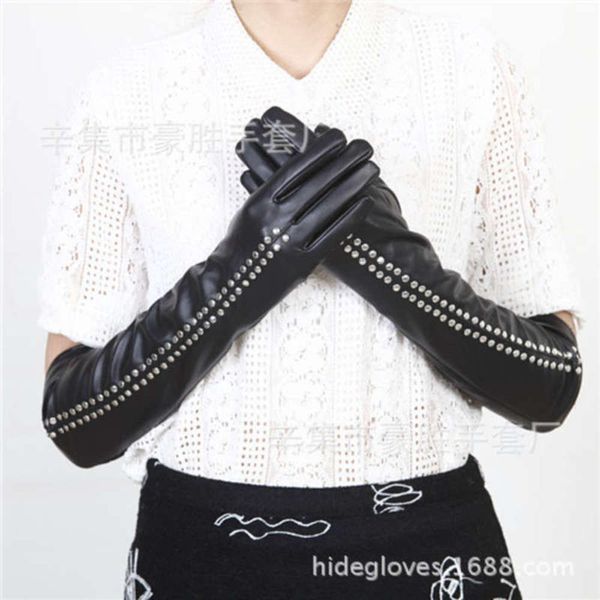 

50cm super long women' leather gloves over elbow imitation leather pu rivet sleeve arm cover xinji glove factory, Blue;gray