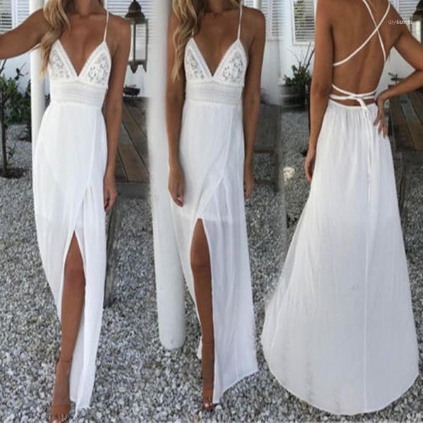 

2018 summer boho women long dress backless halter v neck maxi beach bohemia dresses sundress white tee neck sleeveless dress11, Black;gray