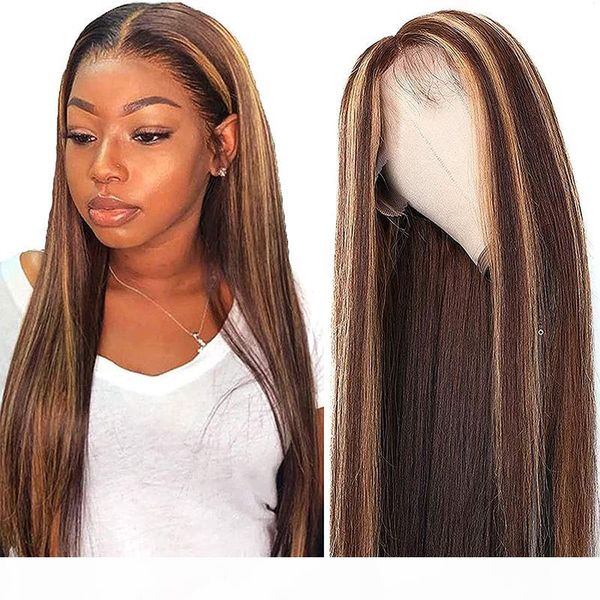 

ombre highlight lace front human hair wig brown blonde mixed color, brazilian remy straight hair 13x4 lace frontal wig pre plucked with baby, Black;brown