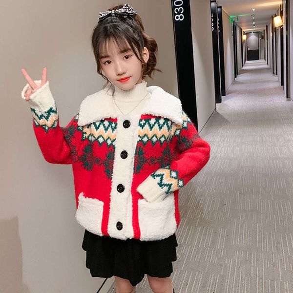 

in autumn and winter 2020, girls' clothing korean version of woollen christmas sweater coat, children's foreign sle, Black