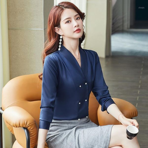 

ladies blouse long sleeve black and white formal shirt stretch satin for women business office wear1